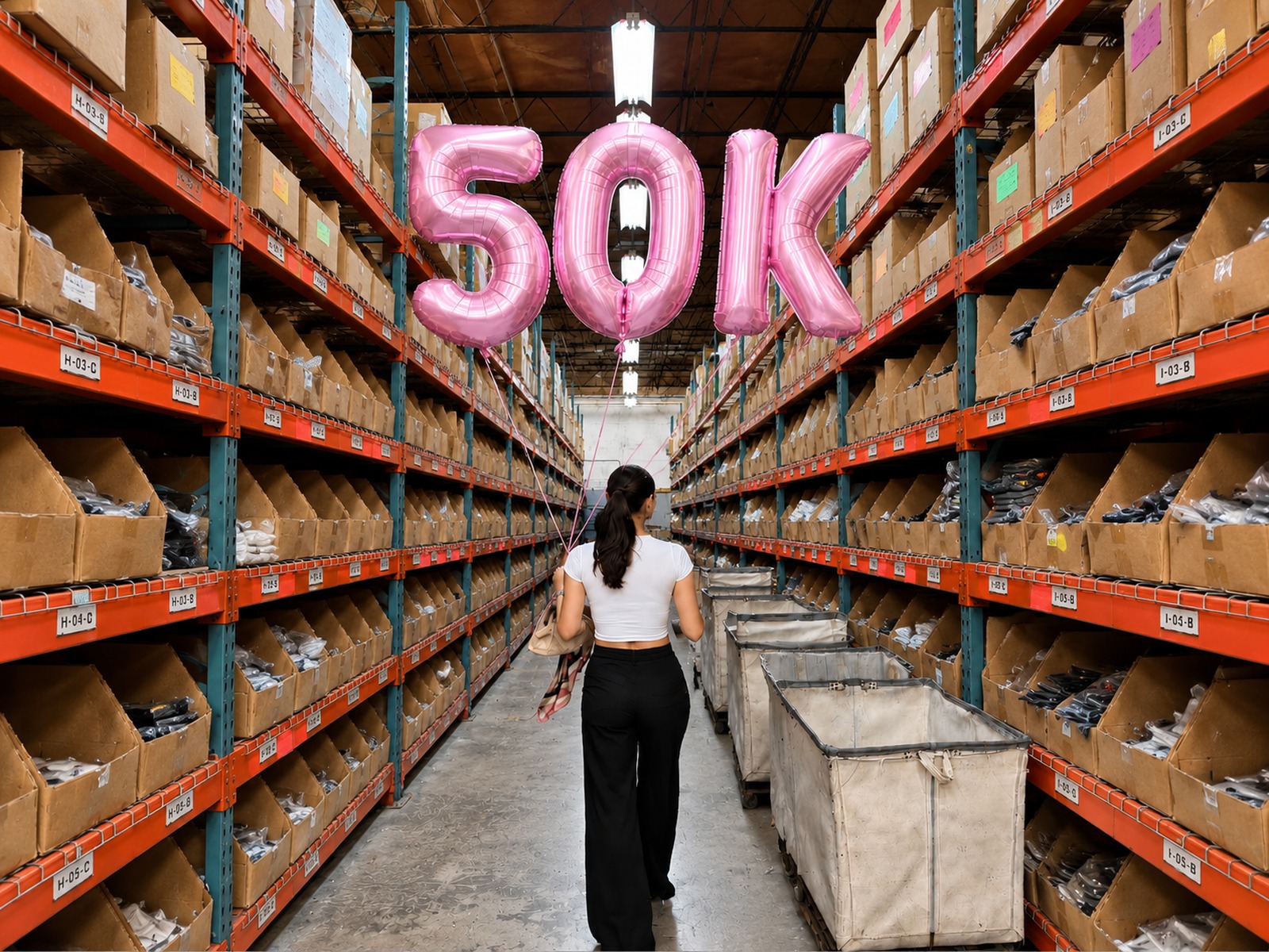 Elan’s Daughter warehouse with inventory racks and pink balloons